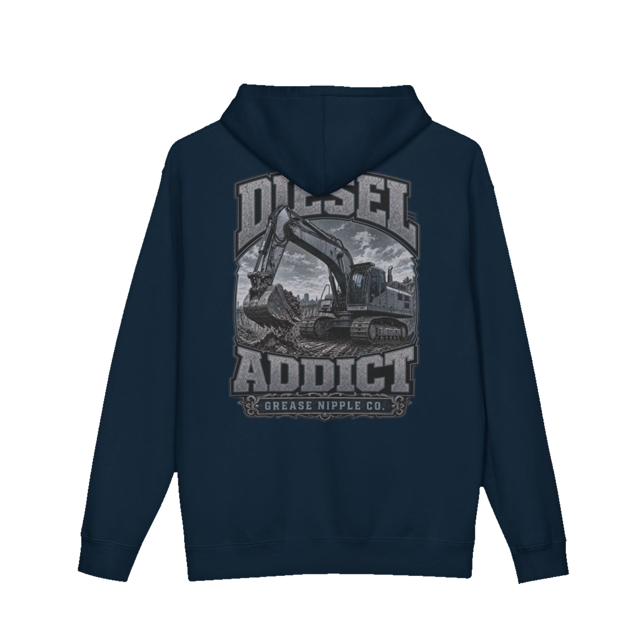 Back artwork on DIESEL ADDICT™ Excavator Hoodie in Navy