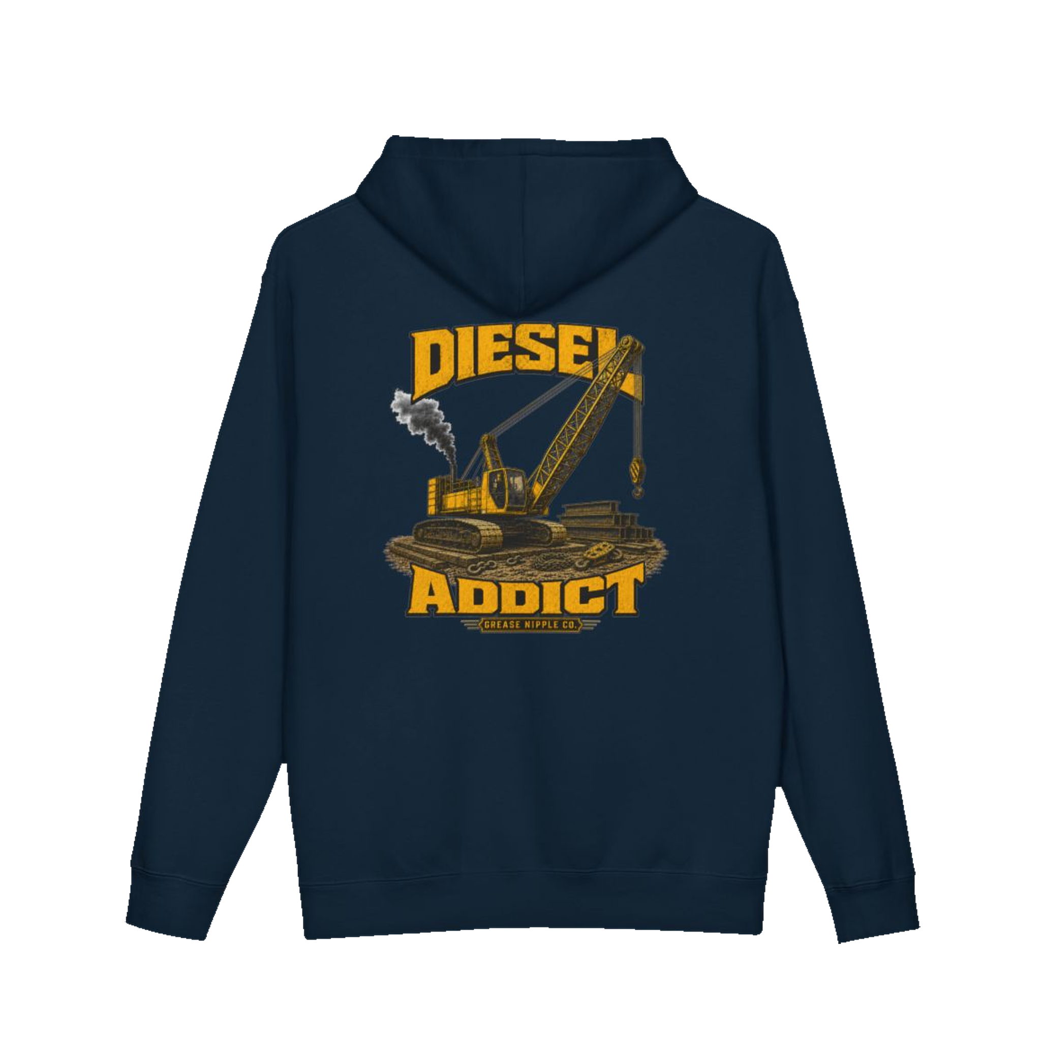 Back artwork on DIESEL ADDICT™ Crawler Crane Hoodie in Navy