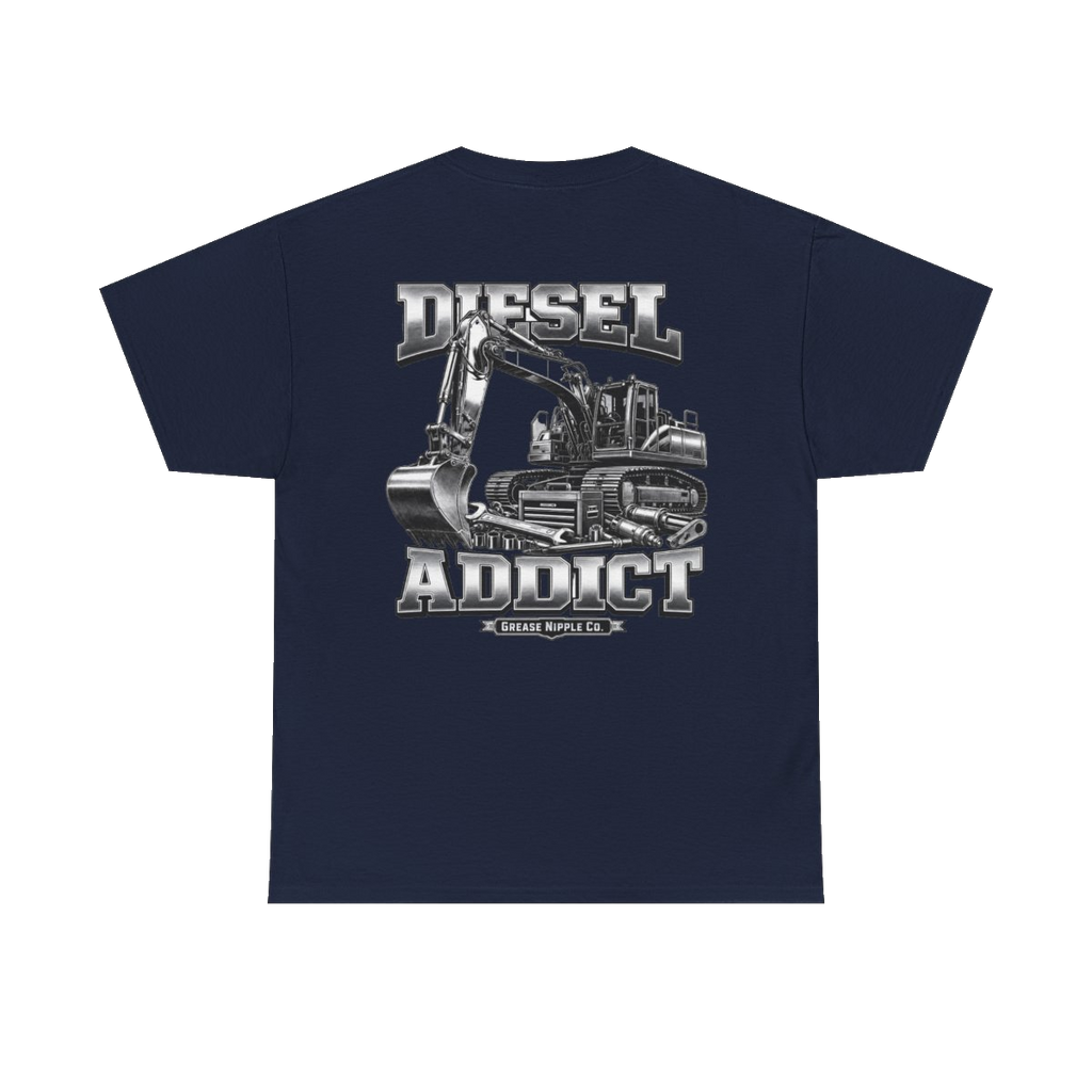 Back artwork on DIESEL ADDICT Excavator Tools Of The Trade Heavy Cotton Tee in Navy