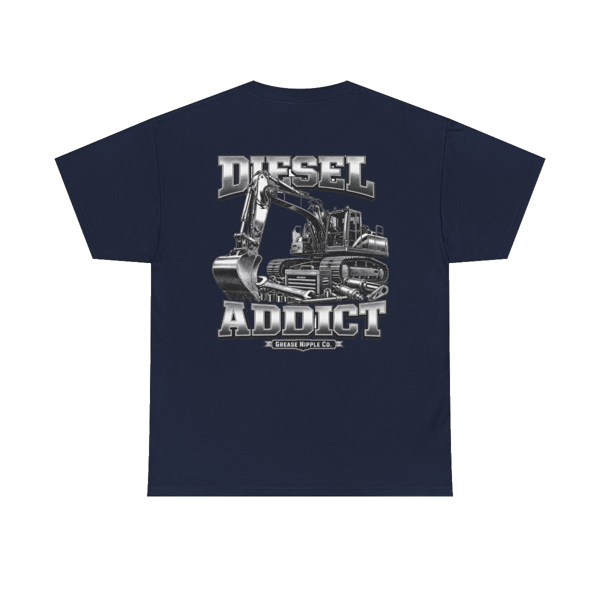 Back artwork on DIESEL ADDICT Excavator Tools Of The Trade Heavy Cotton Tee in Navy