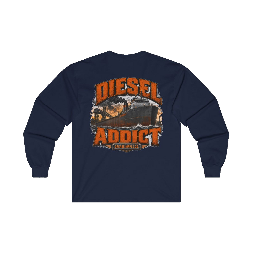 Back artwork on DIESEL ADDICT Lake Freighter Heavy Cotton Long Sleeve in Navy