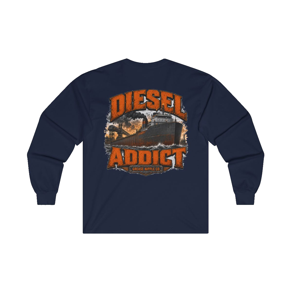 Back artwork on DIESEL ADDICT Lake Freighter Heavy Cotton Long Sleeve in Navy