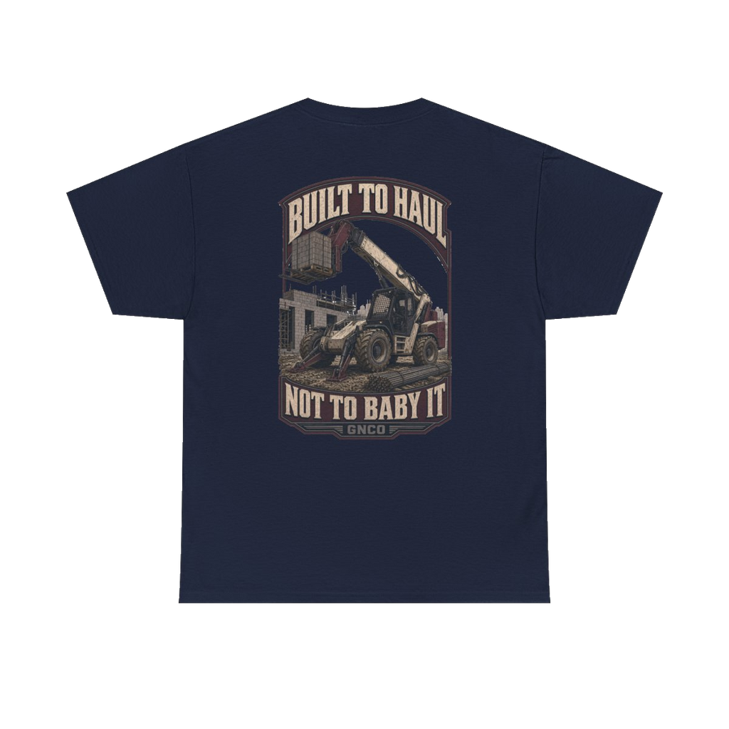 Back artwork on BUILT TO HAUL Telehandler Heavy Cotton Tee in Navy