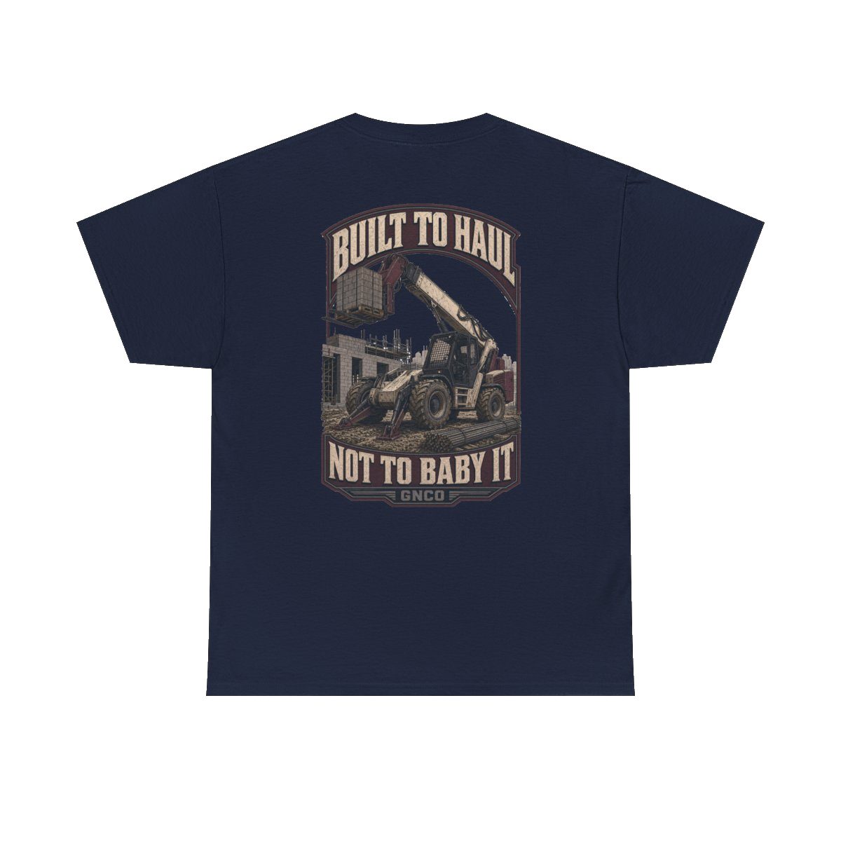 Back artwork on BUILT TO HAUL Telehandler Heavy Cotton Tee in Navy