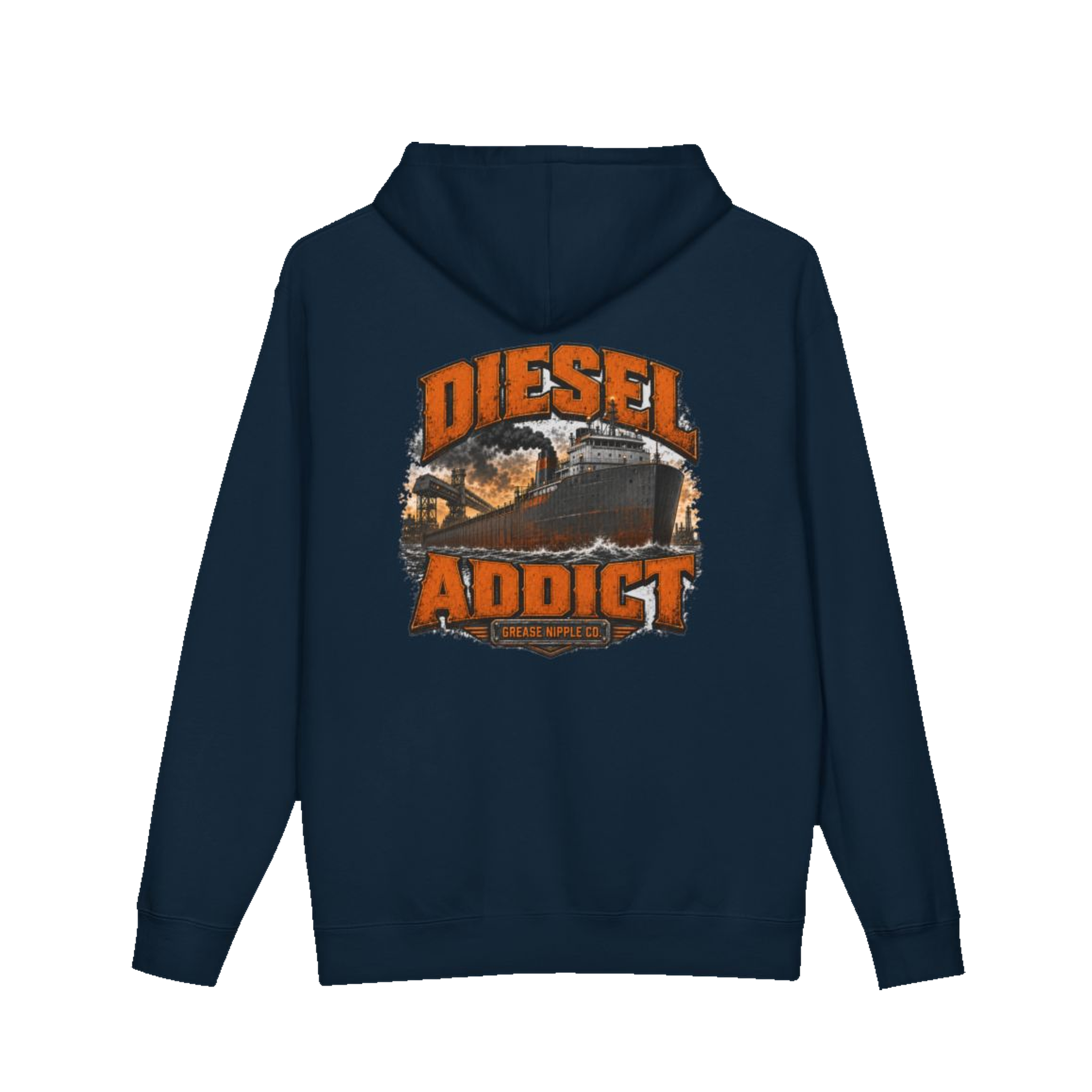 Back artwork on DIESEL ADDICT™ Lake Freighter Hoodie in Navy