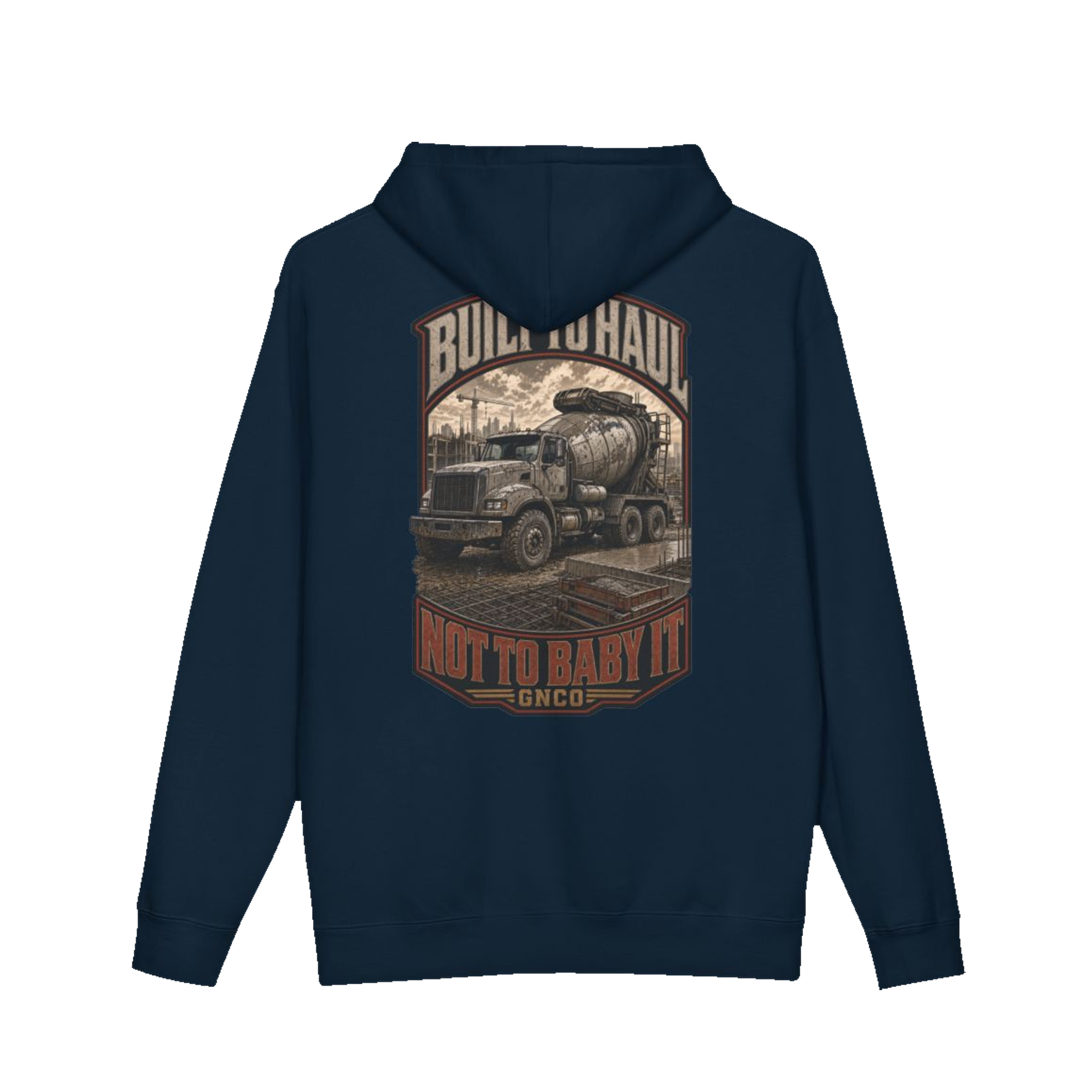 Back artwork on BUILT TO HAUL™ Concrete Mixer Hoodie in Navy