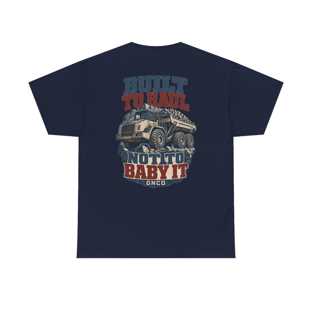 Back artwork on BUILT TO HAUL Articulated Quarry Hauler Heavy Cotton Tee in Navy