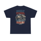 Back artwork on BUILT TO HAUL Articulated Quarry Hauler Heavy Cotton Tee in Navy