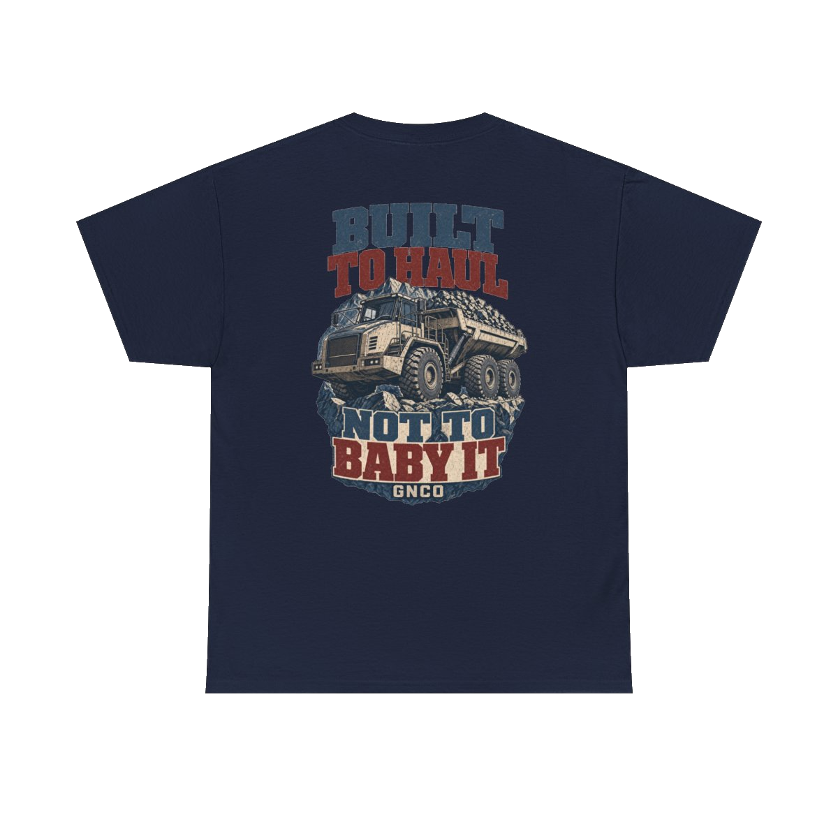 Back artwork on BUILT TO HAUL Articulated Quarry Hauler Heavy Cotton Tee in Navy