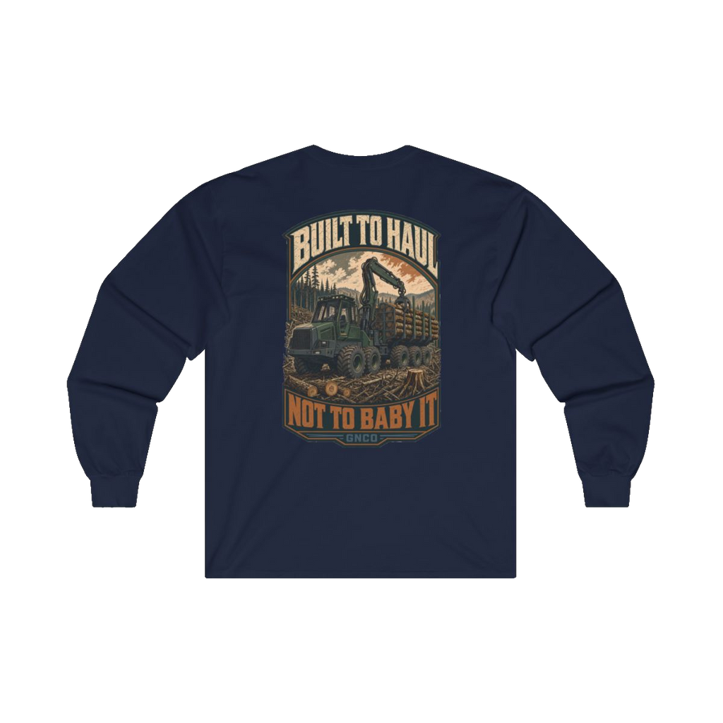 Back artwork on BUILT TO HAUL Forestry Log Forwarder Heavy Cotton Long Sleeve in Navy
