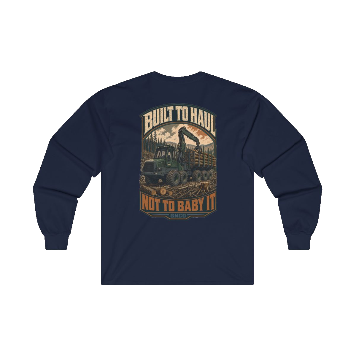 Back artwork on BUILT TO HAUL Forestry Log Forwarder Heavy Cotton Long Sleeve in Navy