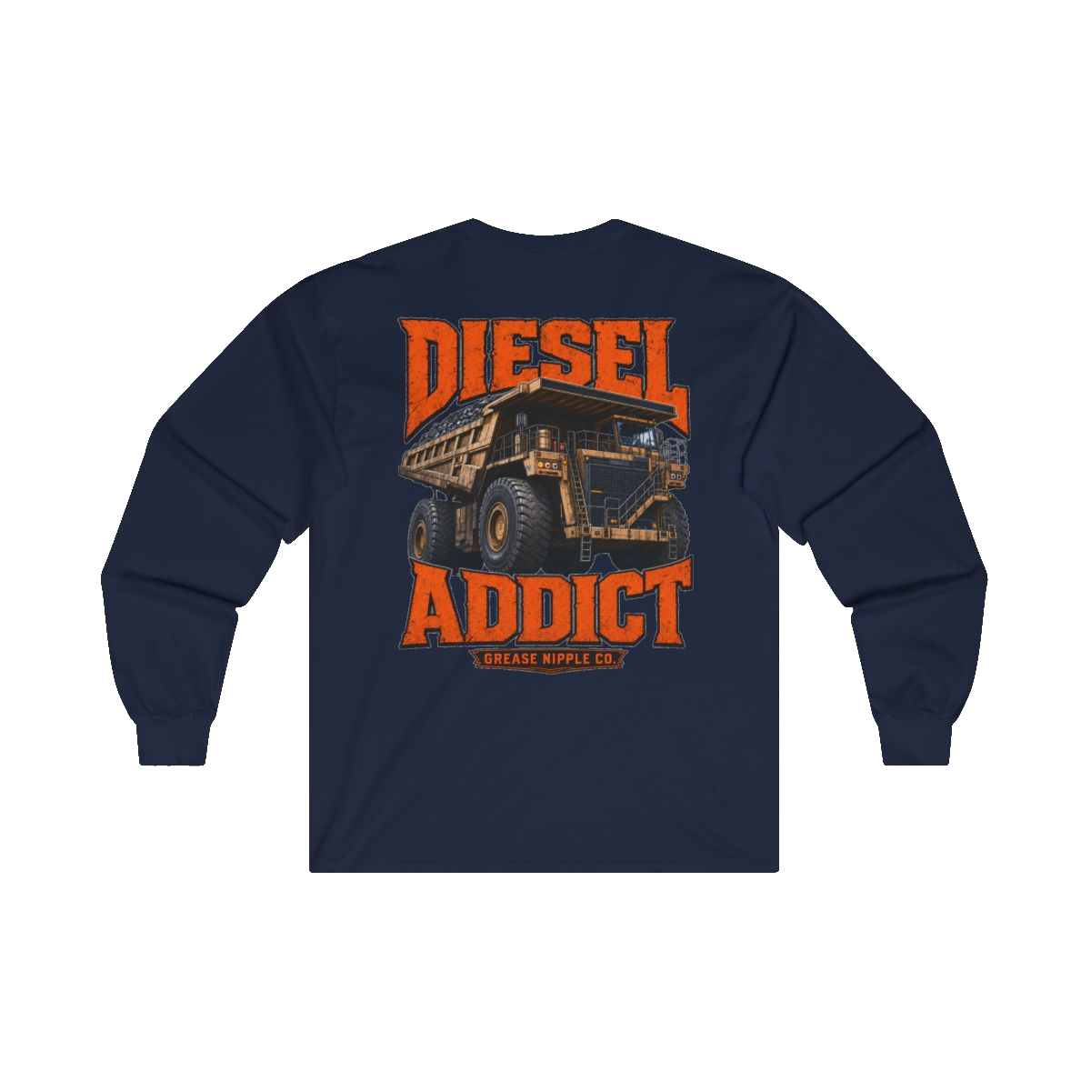 Back artwork on DIESEL ADDICT Quarry Haul Truck Heavy Cotton Long Sleeve in Navy