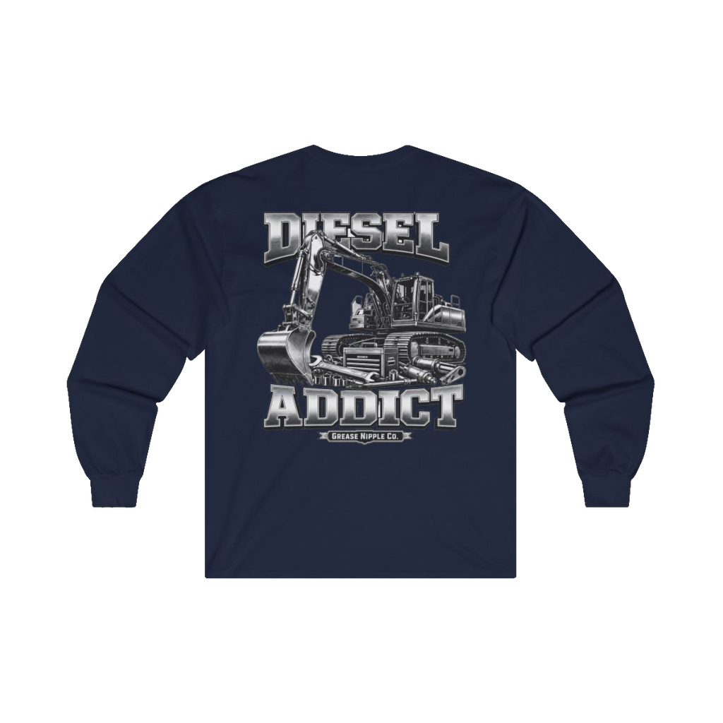 Back artwork on DIESEL ADDICT Excavator Tools Of The Trade Heavy Cotton Long Sleeve in Navy