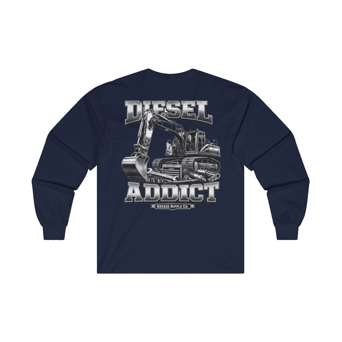 Back artwork on DIESEL ADDICT Excavator Tools Of The Trade Heavy Cotton Long Sleeve in Navy