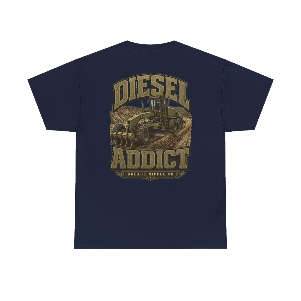 Back artwork on DIESEL ADDICT Motor Grader Heavy Cotton Tee in Navy