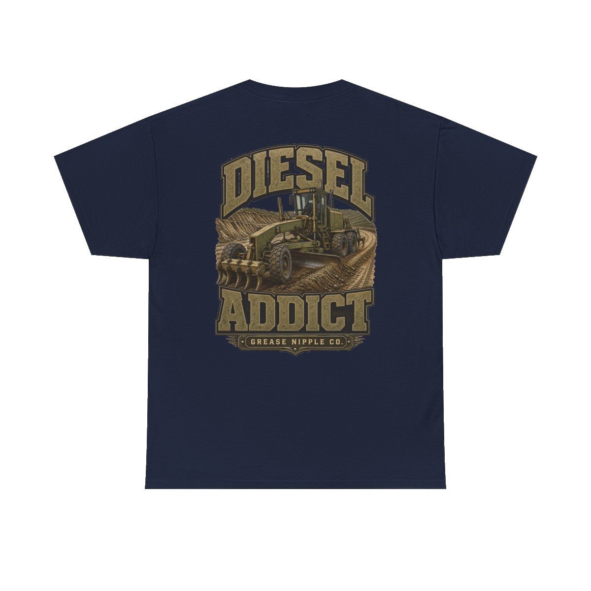Back artwork on DIESEL ADDICT Motor Grader Heavy Cotton Tee in Navy