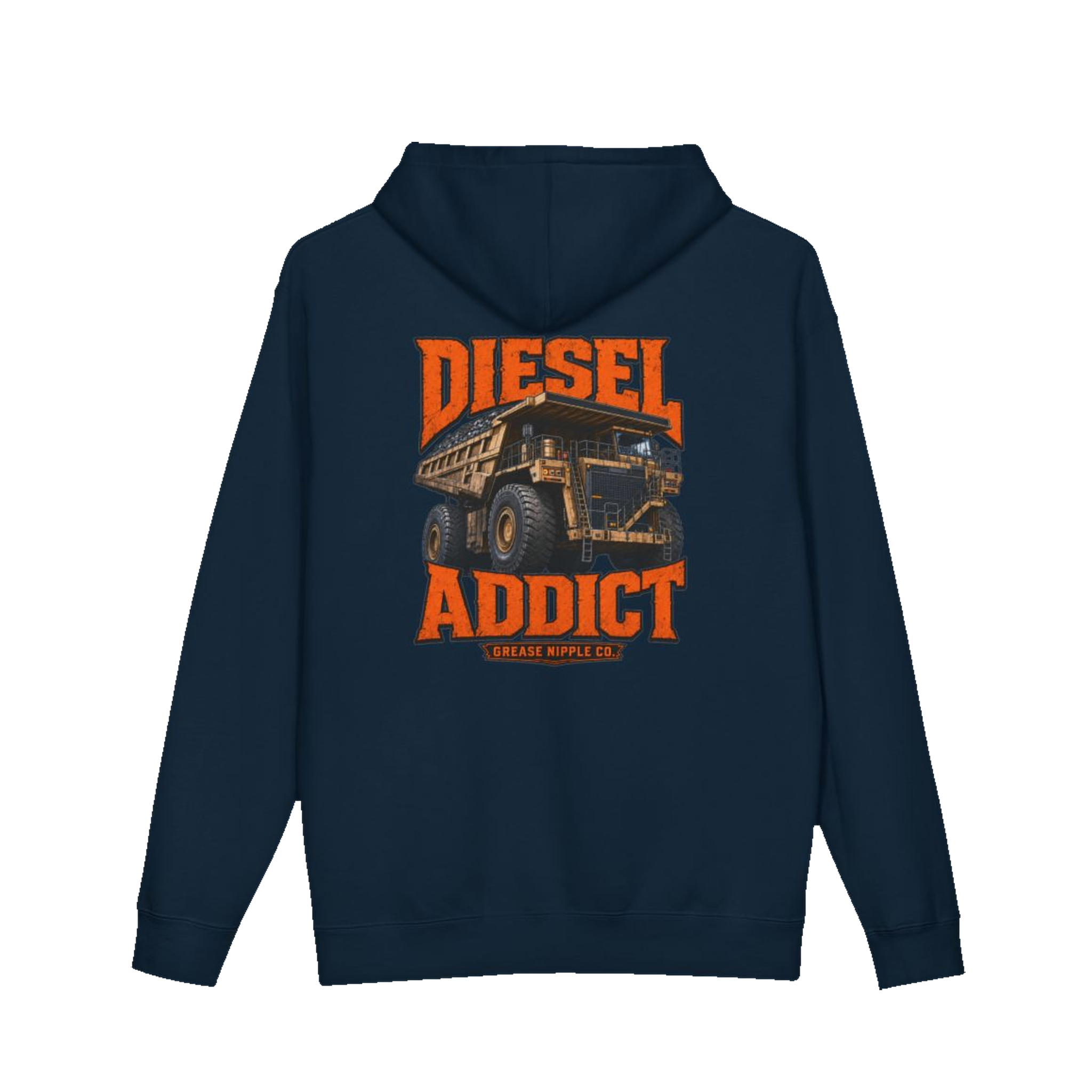 Back artwork on DIESEL ADDICT™ Quarry Haul Truck Hoodie in Navy