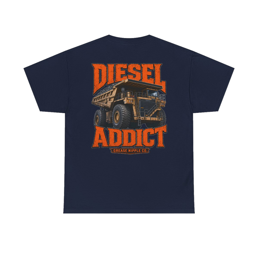 Back artwork on DIESEL ADDICT Quarry Haul Truck Heavy Cotton Tee in Navy