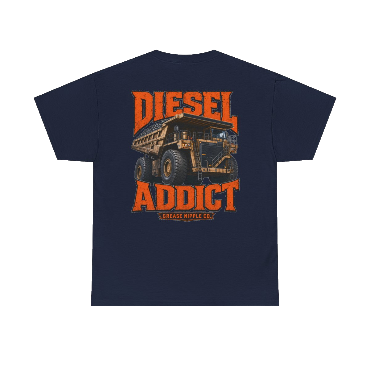 Back artwork on DIESEL ADDICT Quarry Haul Truck Heavy Cotton Tee in Navy
