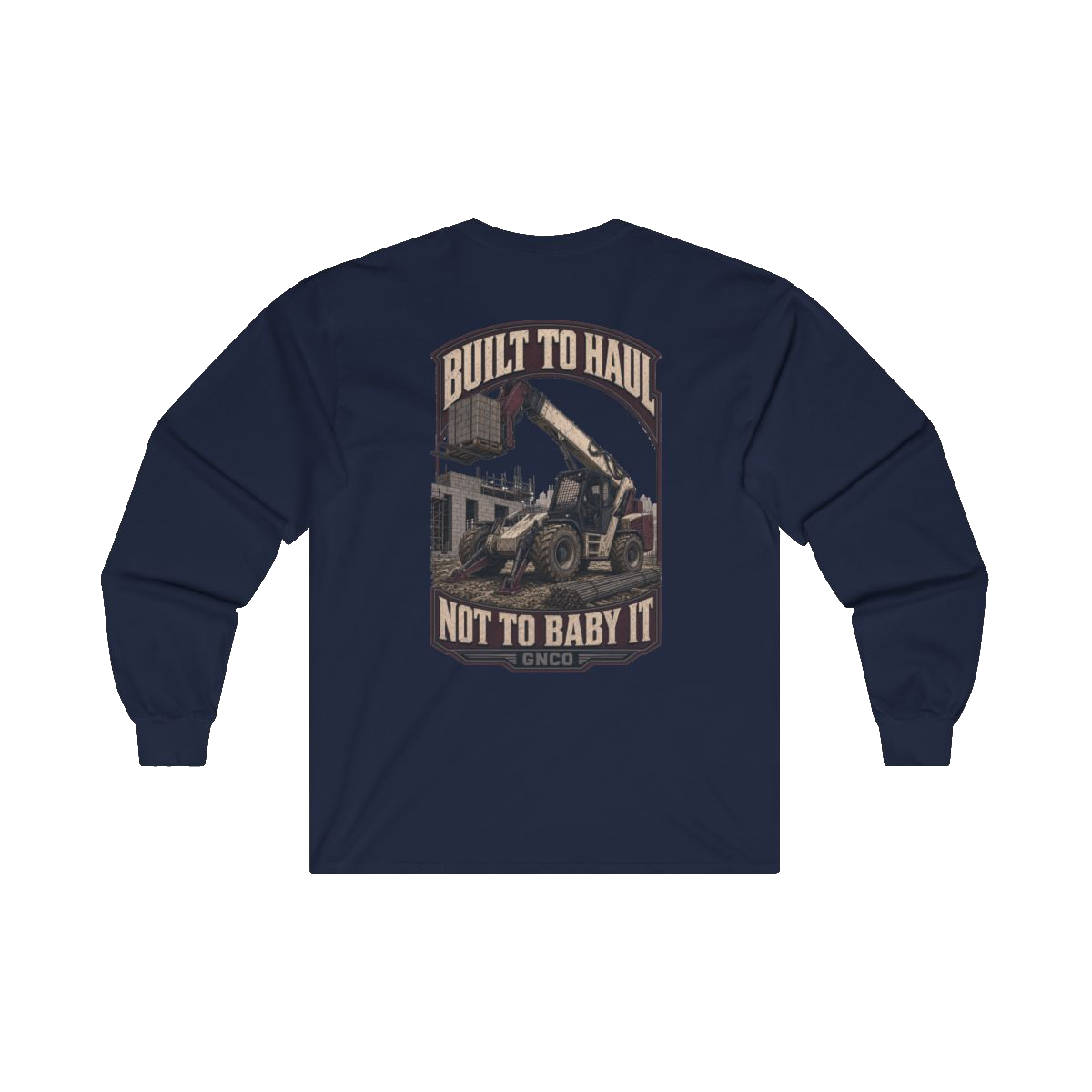 Back artwork on BUILT TO HAUL Telehandler Heavy Cotton Long Sleeve in Navy