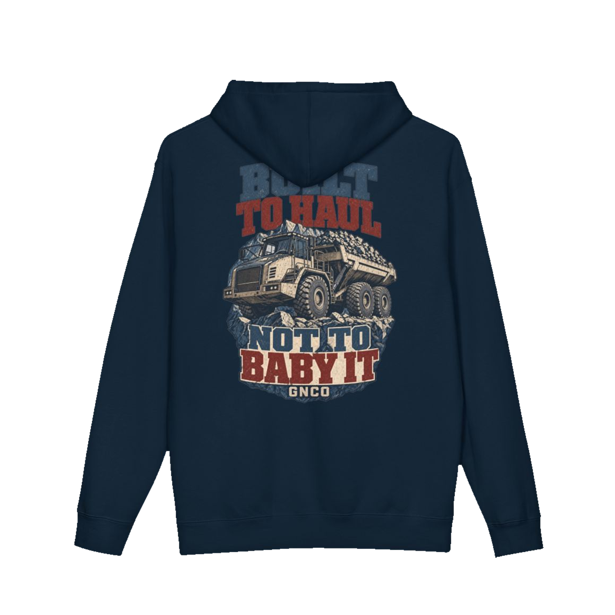 Back artwork on BUILT TO HAUL™ Articulated Quarry Hauler Hoodie in Navy