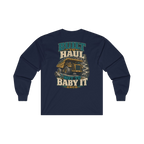 Back artwork on BUILT TO HAUL Mining Haul Truck Heavy Cotton Long Sleeve in Navy
