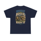 Back artwork on BUILT TO HAUL Wheel Tractor-Scraper Heavy Cotton Tee in Navy