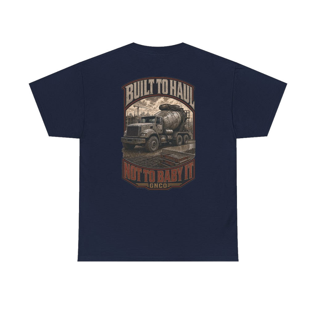 Back artwork on BUILT TO HAUL Concrete Mixer Heavy Cotton Tee in Navy