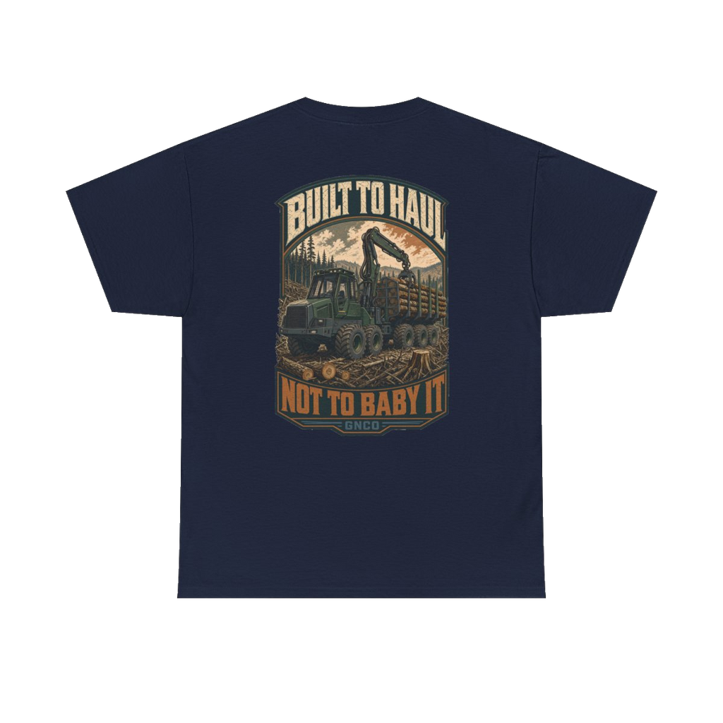 Back artwork on BUILT TO HAUL Forestry Log Forwarder Heavy Cotton Tee in Navy