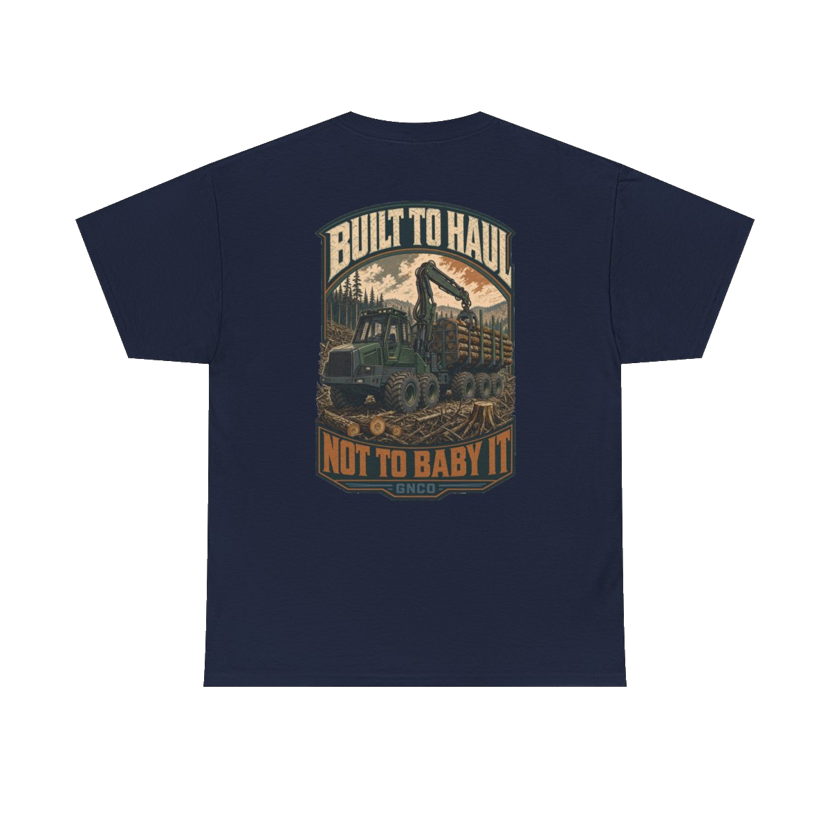 Back artwork on BUILT TO HAUL Forestry Log Forwarder Heavy Cotton Tee in Navy