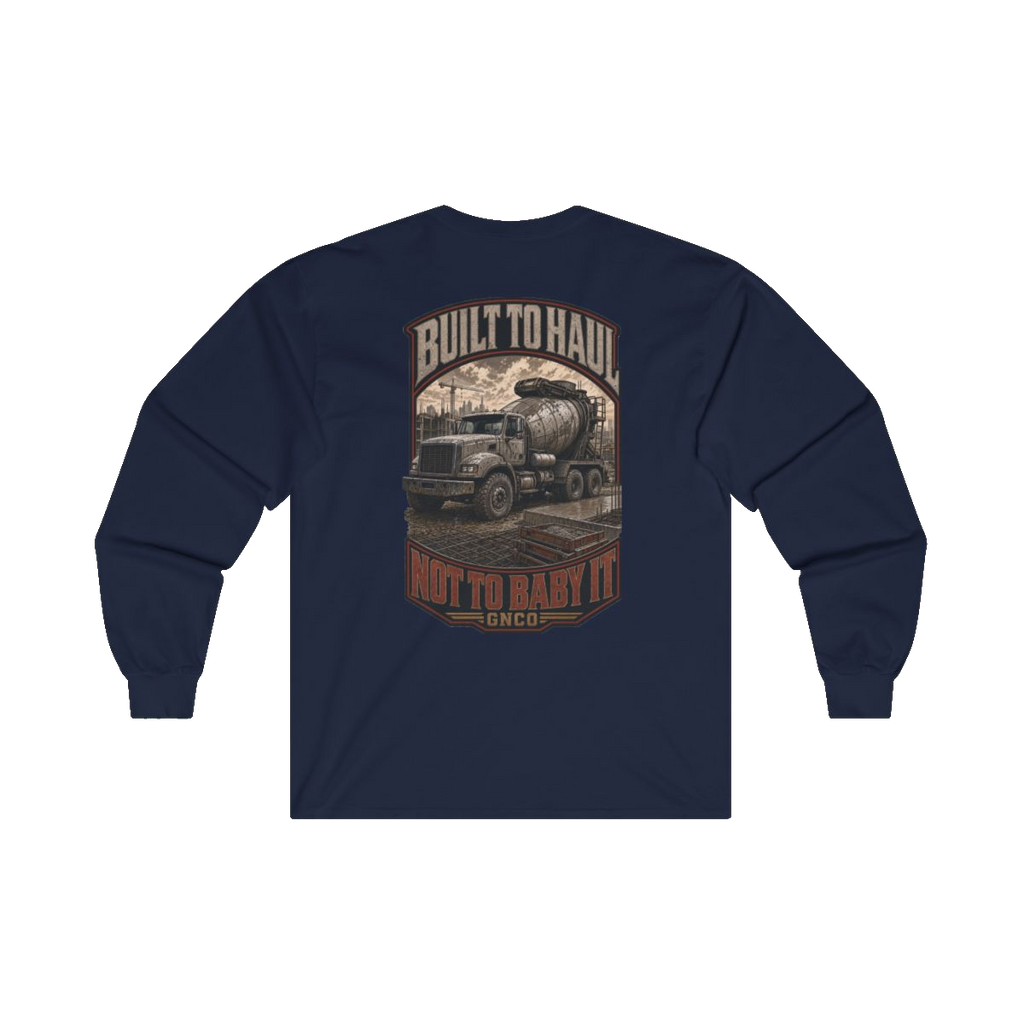 Back artwork on BUILT TO HAUL Concrete Mixer Heavy Cotton Long Sleeve in Navy