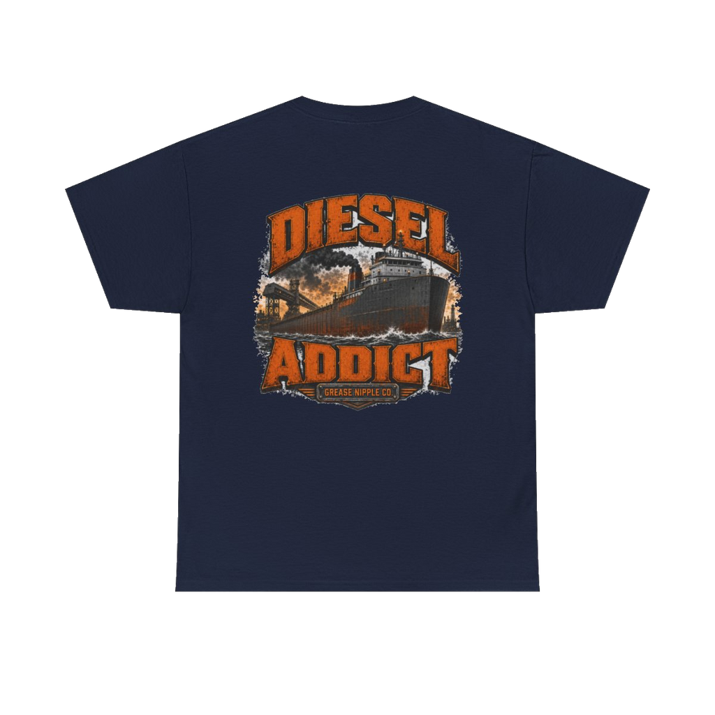 Back artwork on DIESEL ADDICT Lake Freighter Heavy Cotton Tee in Navy