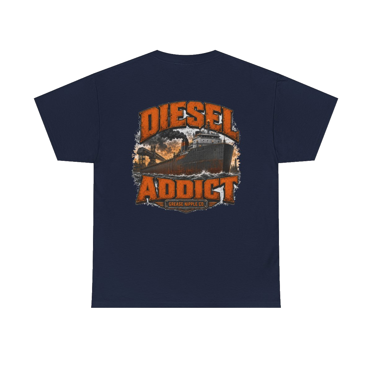 Back artwork on DIESEL ADDICT Lake Freighter Heavy Cotton Tee in Navy