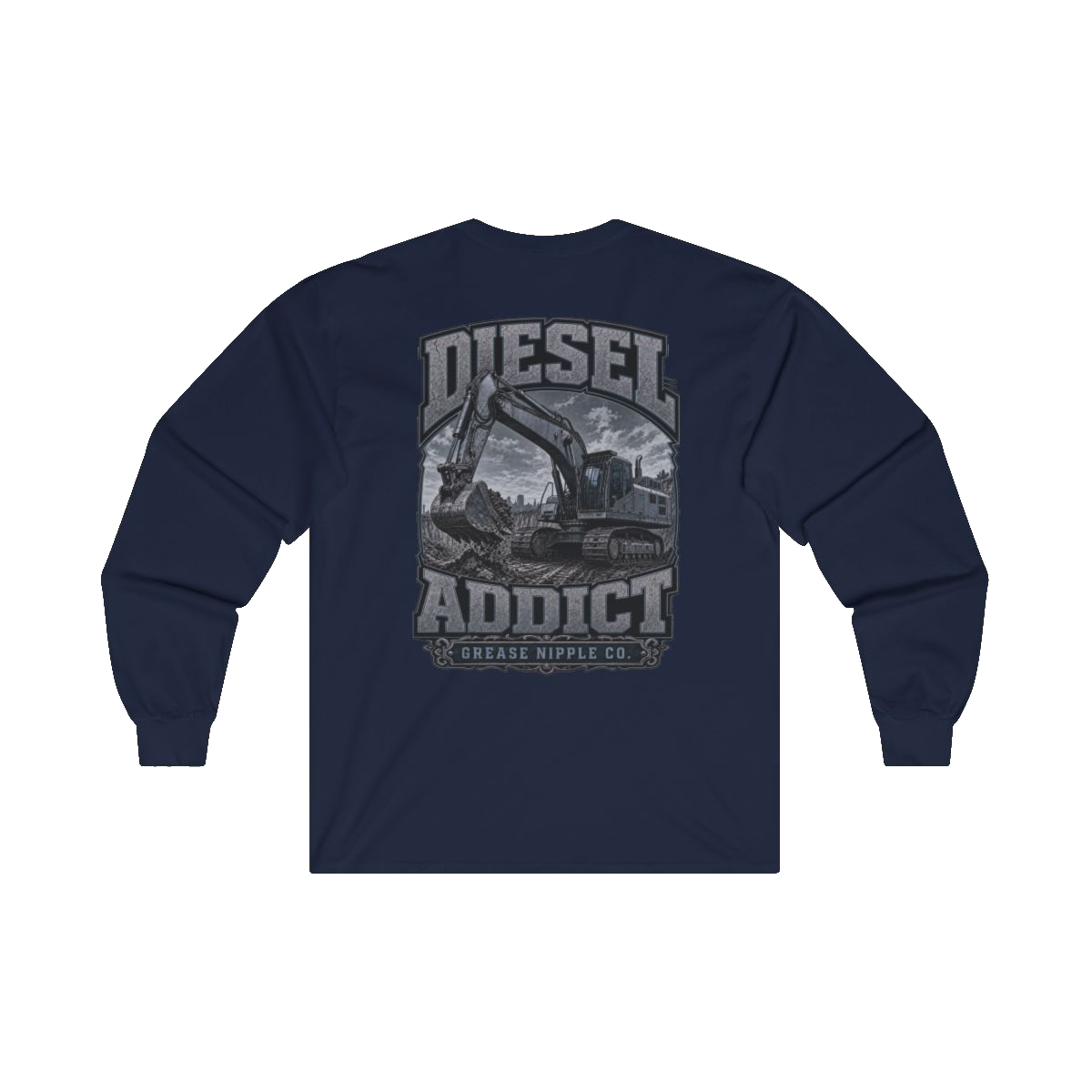 Back artwork on DIESEL ADDICT Excavator Heavy Cotton Long Sleeve in Navy