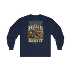 Back artwork on BUILT TO HAUL Wheel Tractor-Scraper Heavy Cotton Long Sleeve in Navy