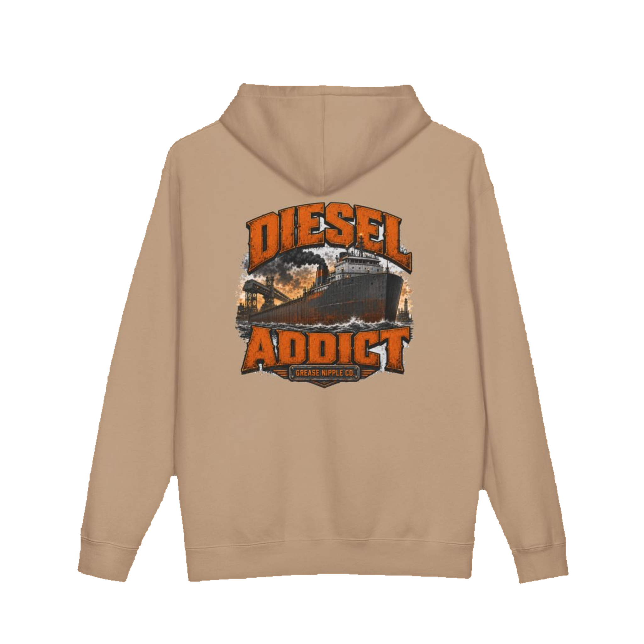 Back artwork on DIESEL ADDICT™ Lake Freighter Hoodie in Sandstone