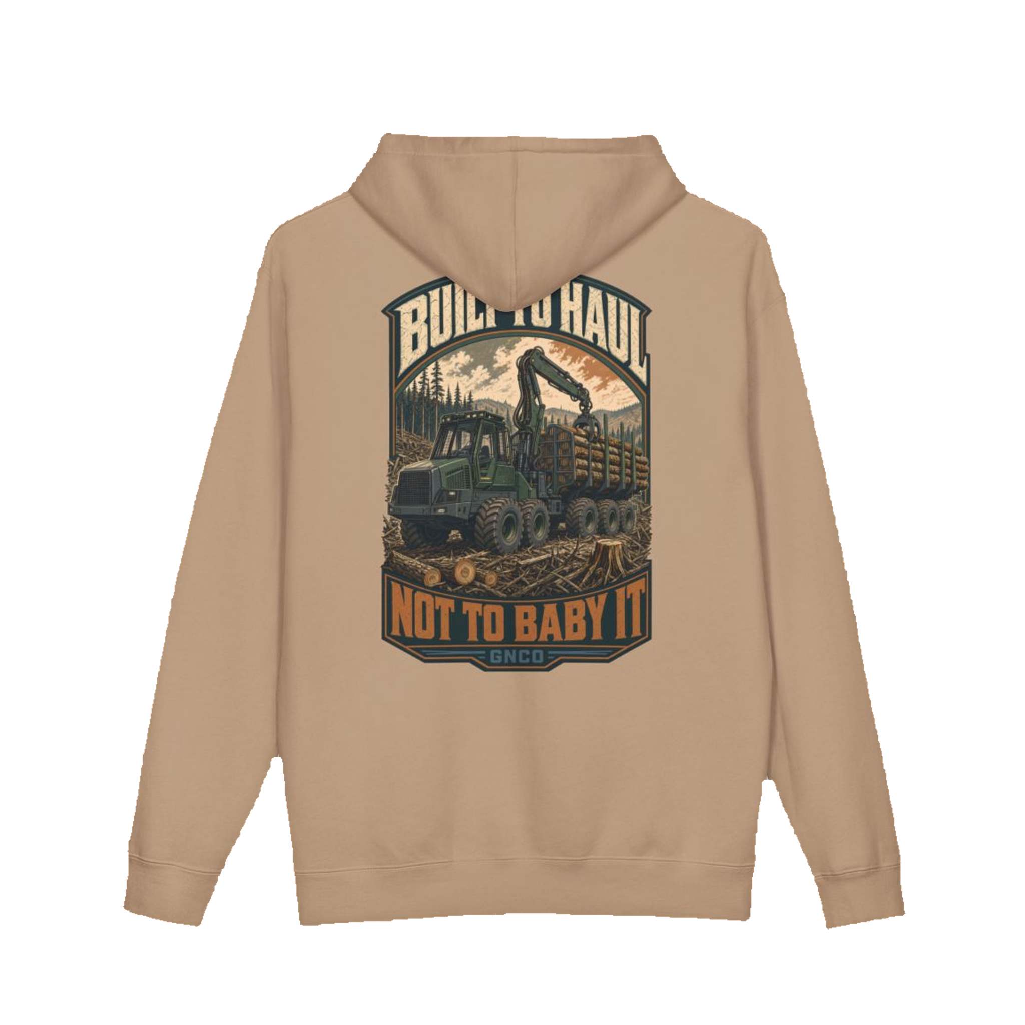 Back artwork on BUILT TO HAUL™ Forestry Log Forwarder Hoodie in Sandstone