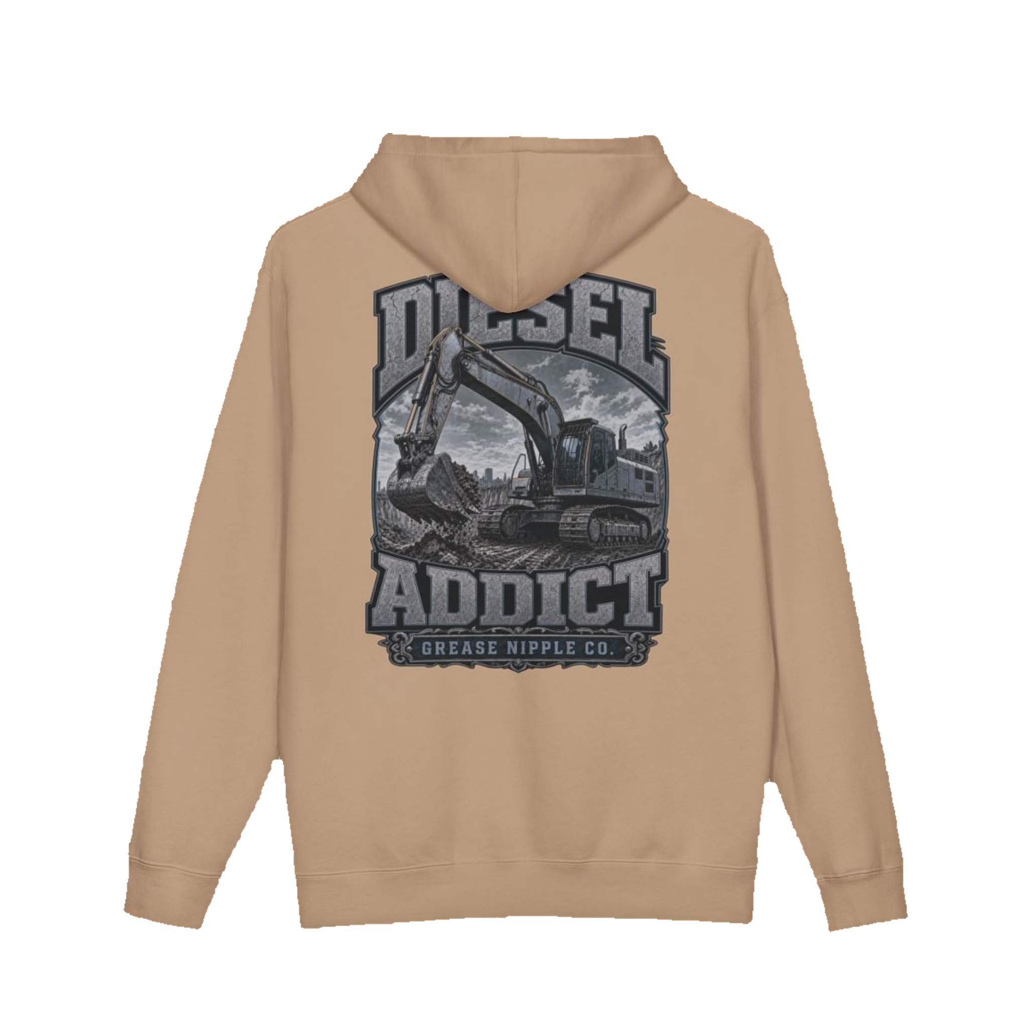 Back artwork on DIESEL ADDICT™ Excavator Hoodie in Sandstone