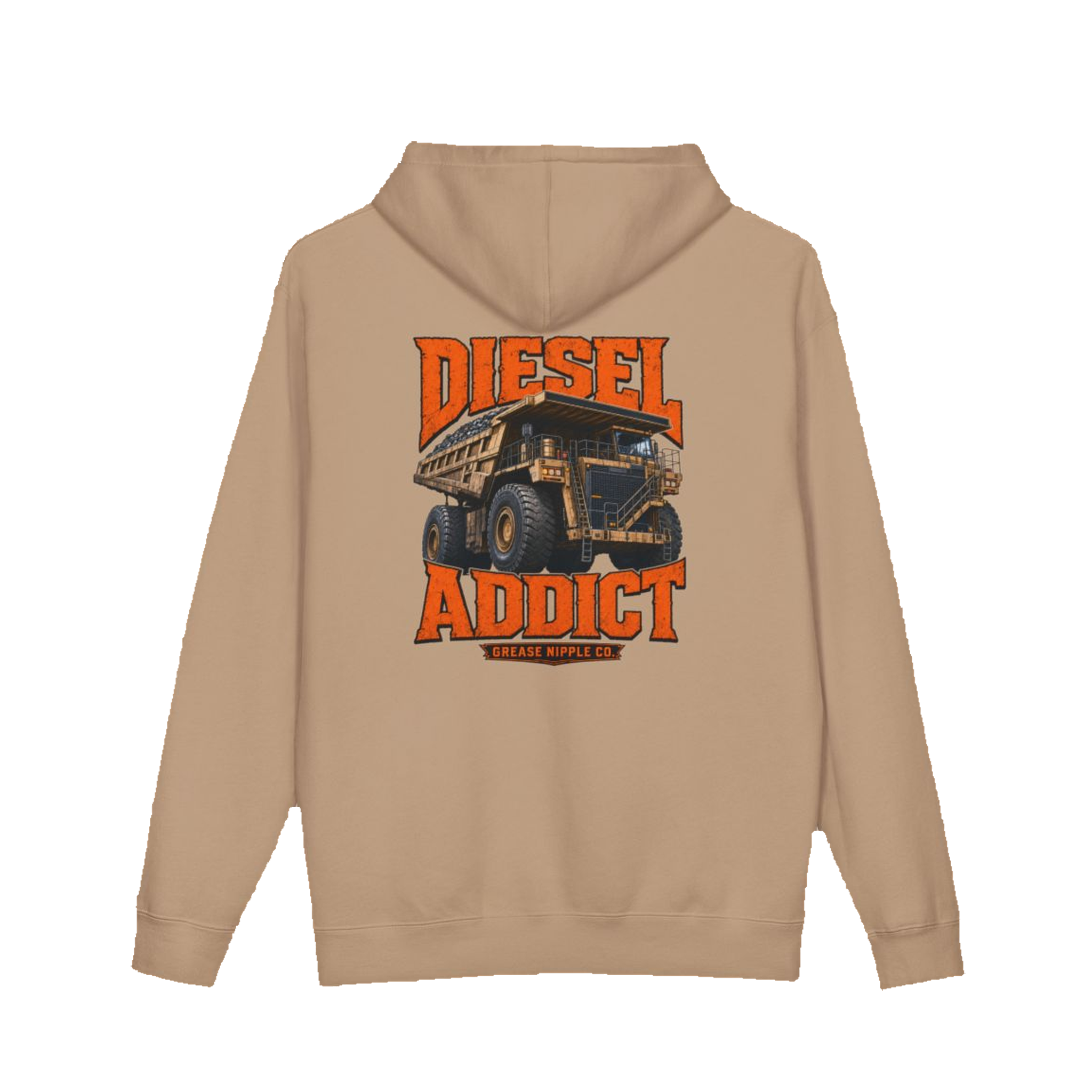 Back artwork on DIESEL ADDICT™ Quarry Haul Truck Hoodie in Sandstone