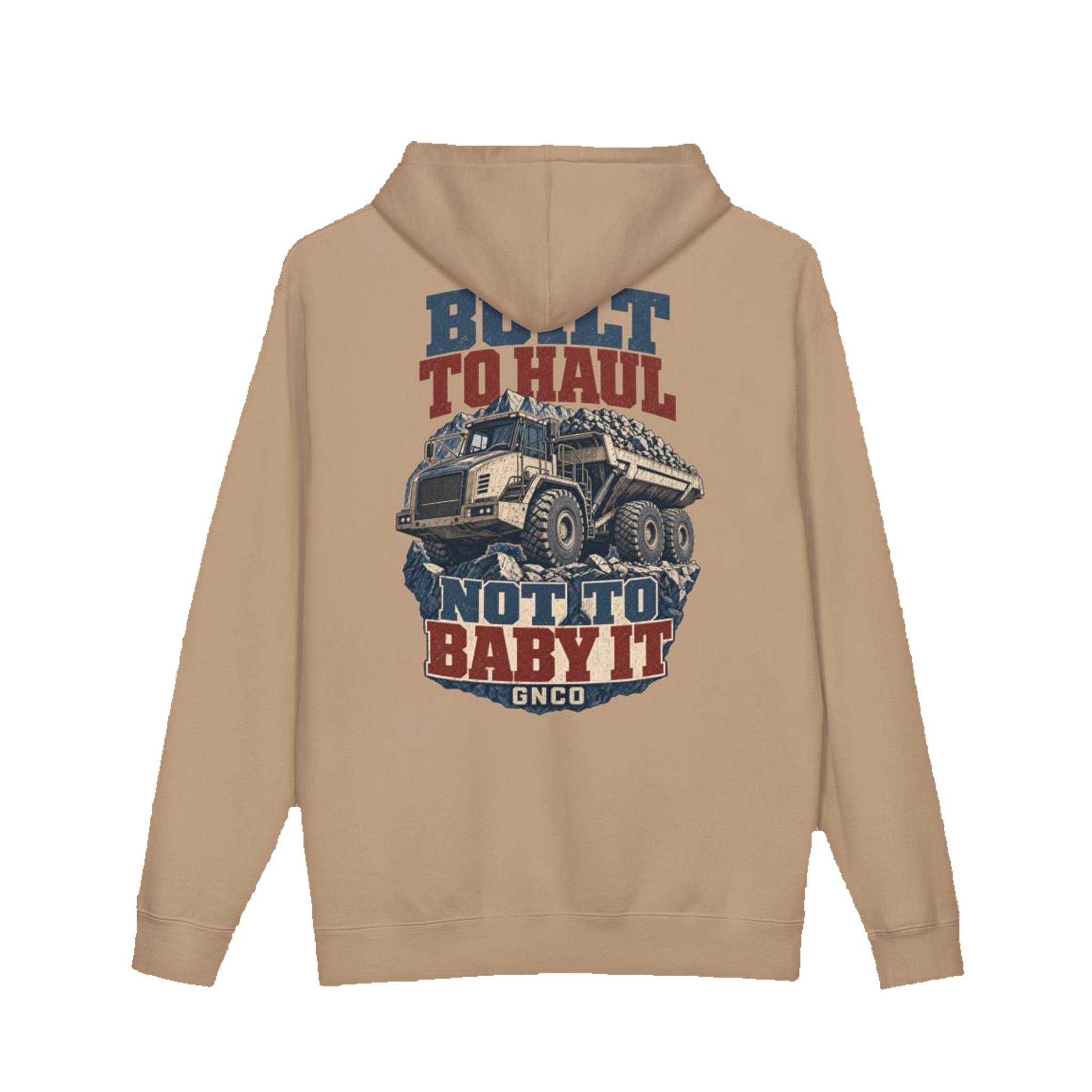 Back artwork on BUILT TO HAUL™ Articulated Quarry Hauler Hoodie in Sandstone