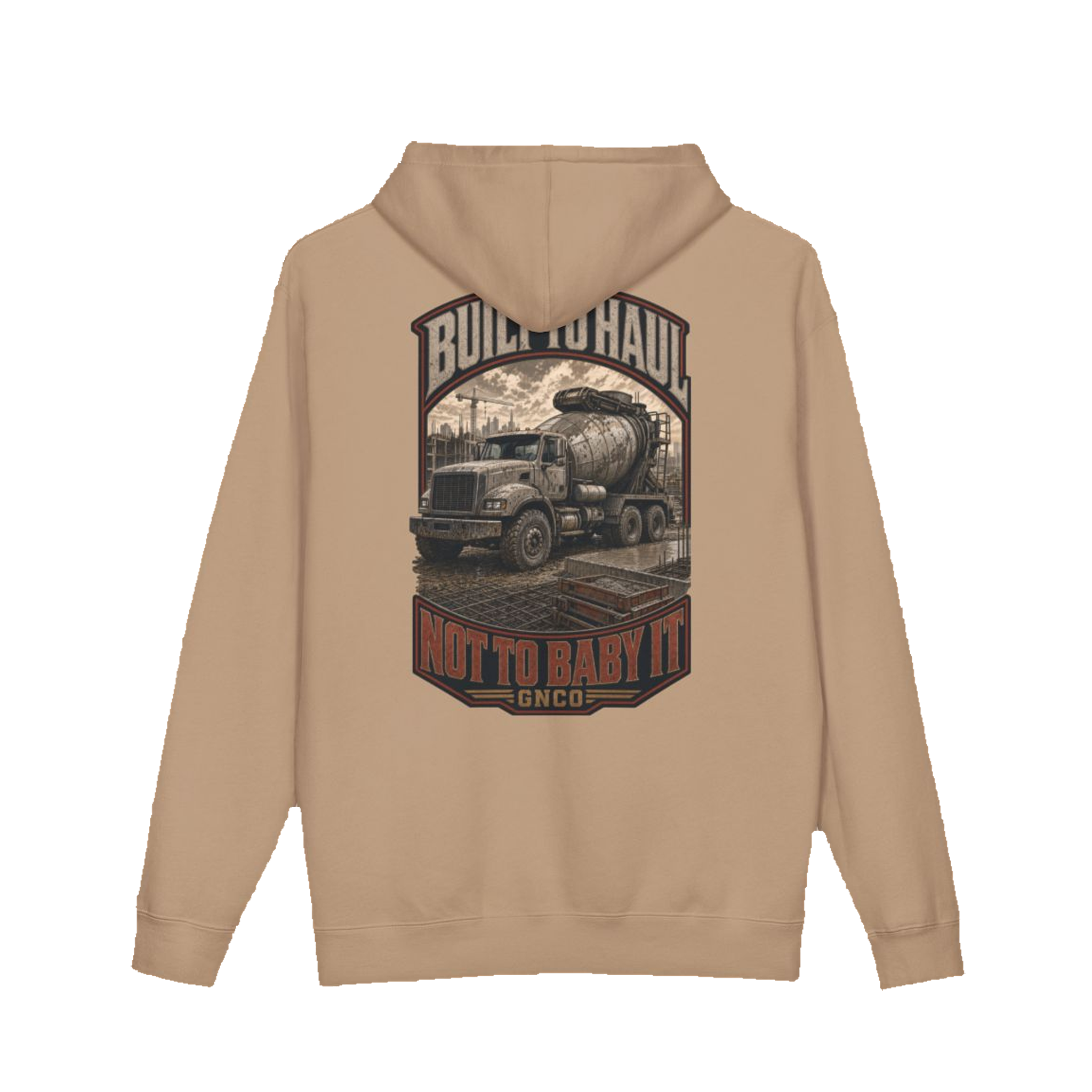 Back artwork on BUILT TO HAUL™ Concrete Mixer Hoodie in Sandstone