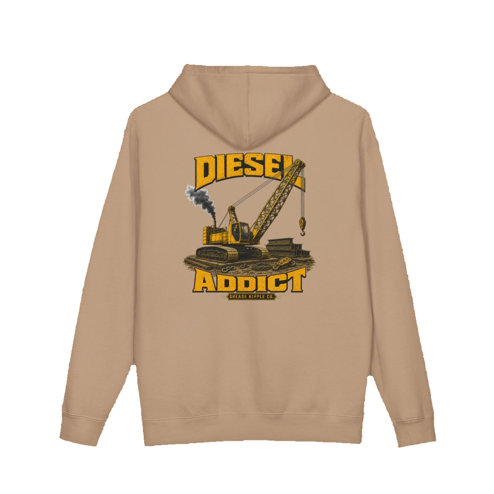 Back artwork on DIESEL ADDICT™ Crawler Crane Hoodie in Sandstone
