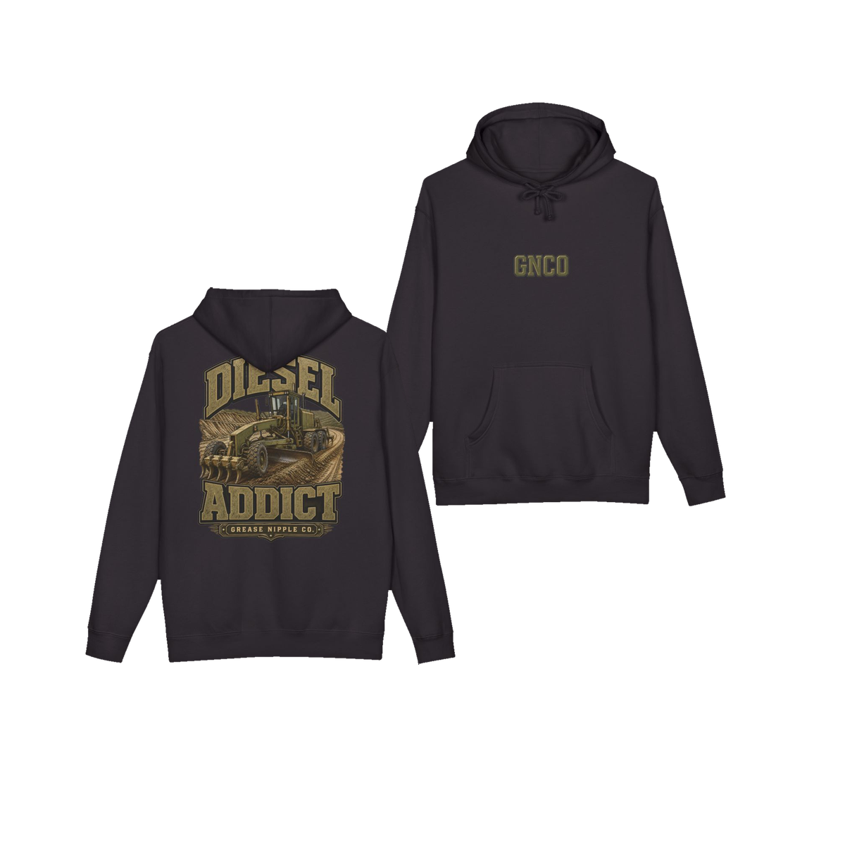Front and back views of DIESEL ADDICT Motor Grader Hoodie in black