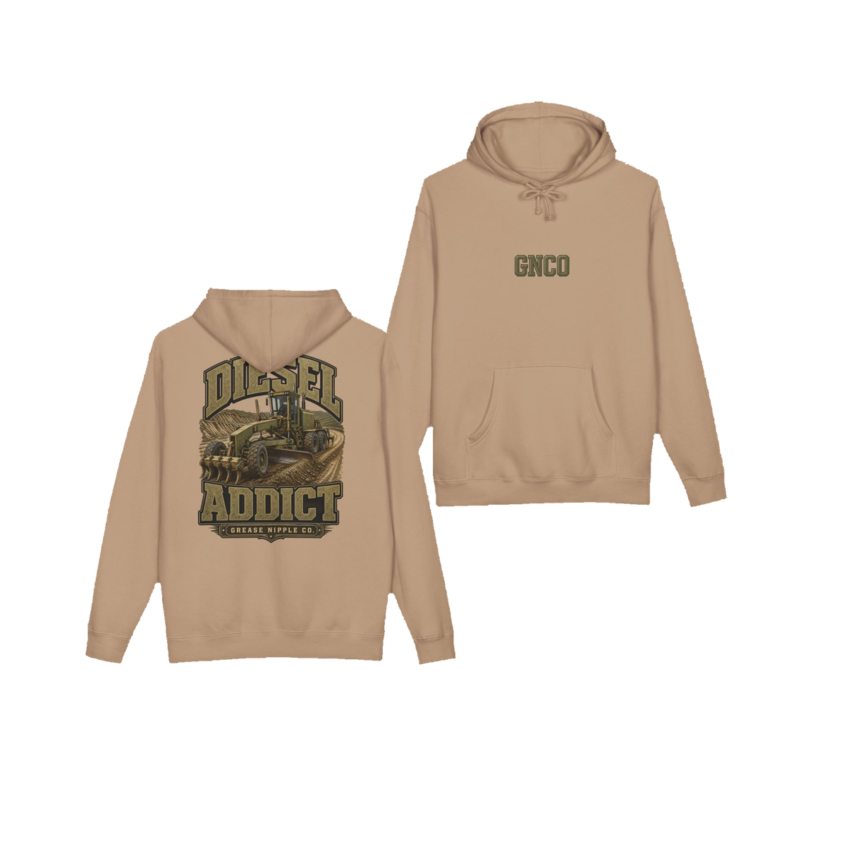 Front and back views of DIESEL ADDICT™ Motor Grader Hoodie in 123857