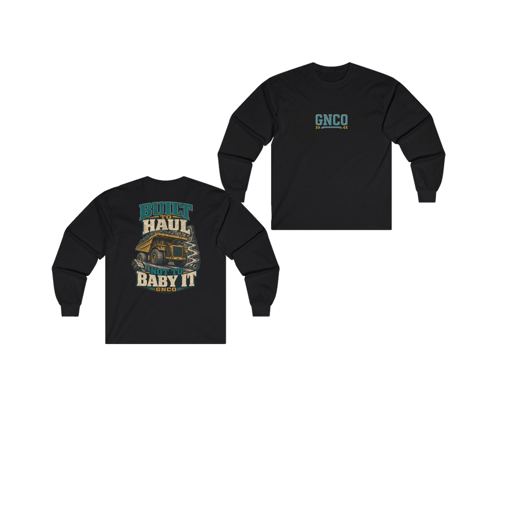 Front and back views of BUILT TO HAUL Mining Haul Truck Heavy Cotton Long Sleeve in Black