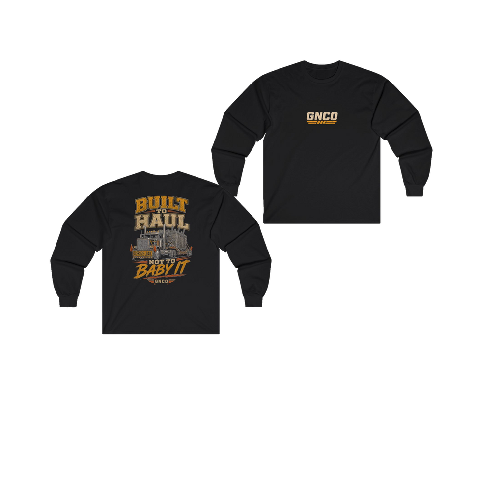 Front and back views of BUILT TO HAUL Transformer Heavy-Haul Heavy Cotton Long Sleeve in Black