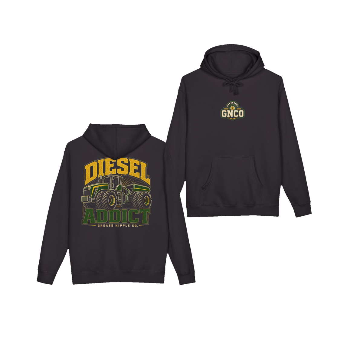 Front and back views of DIESEL ADDICT™ Articulated Tractor Hoodie in Black