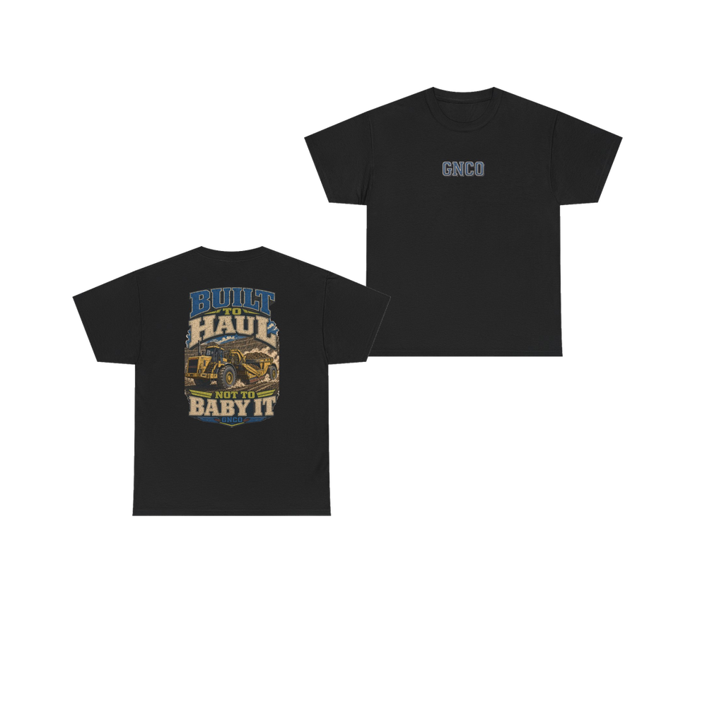 Front and back views of BUILT TO HAUL Wheel Tractor-Scraper Heavy Cotton Tee in Black
