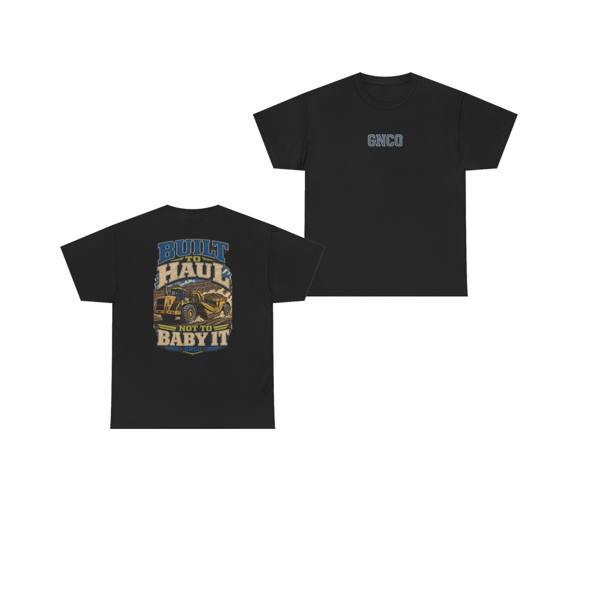 Front and back views of BUILT TO HAUL Wheel Tractor-Scraper Heavy Cotton Tee in Black