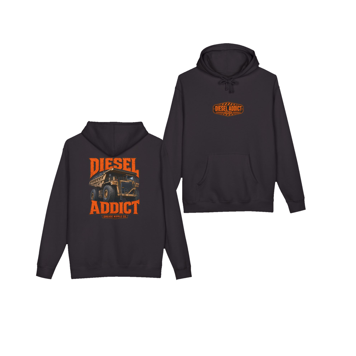 Front and back views of DIESEL ADDICT™ Quarry Haul Truck Hoodie in Black